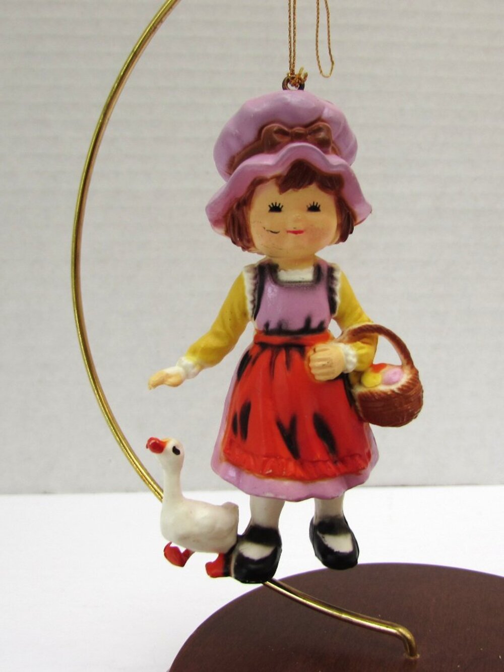 Vintage Christmas Ornament 3.5" Girl Purple Dress With Goose Hard Plastic